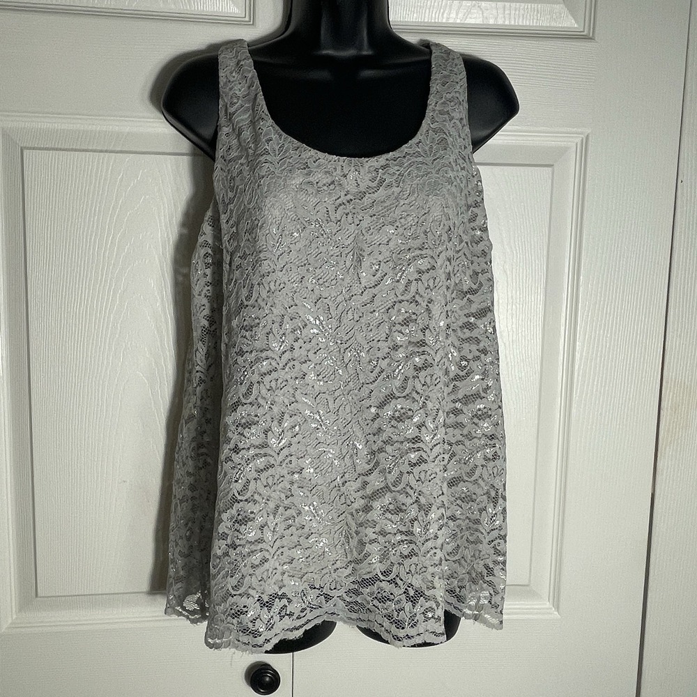 Ann Taylor Loft Floral Lace Tank Top Petite XL Silver Gray Sheer Lined Metallic